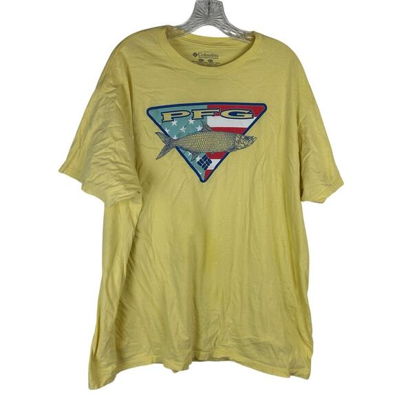 Columbia PFG Mens T-Shirt Size XXL Yellow Short Sleeve Fish USA Flag Top - Picture 1 of 5